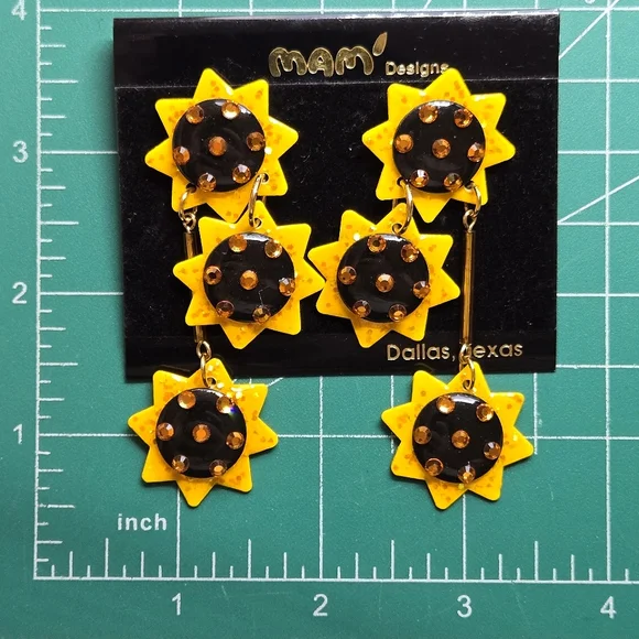 Vintage MAM Designs Sunflower Statement Earrings Fall Halloween 80s 90s VTG - Picture 4 of 5